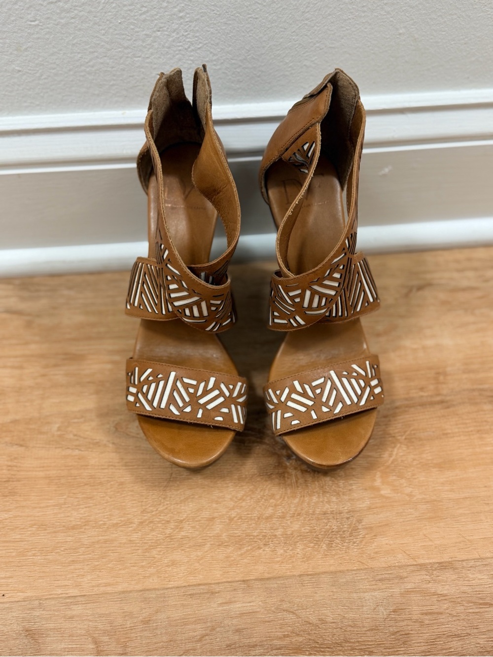 Diane Von Furstenberg Tan/White leather wedge sandals.